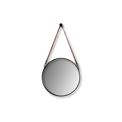 HSM Collection-Ronde Spiegel Met Riem-49x3x68-Zwart/Bruin-Metaal/Kunstleder