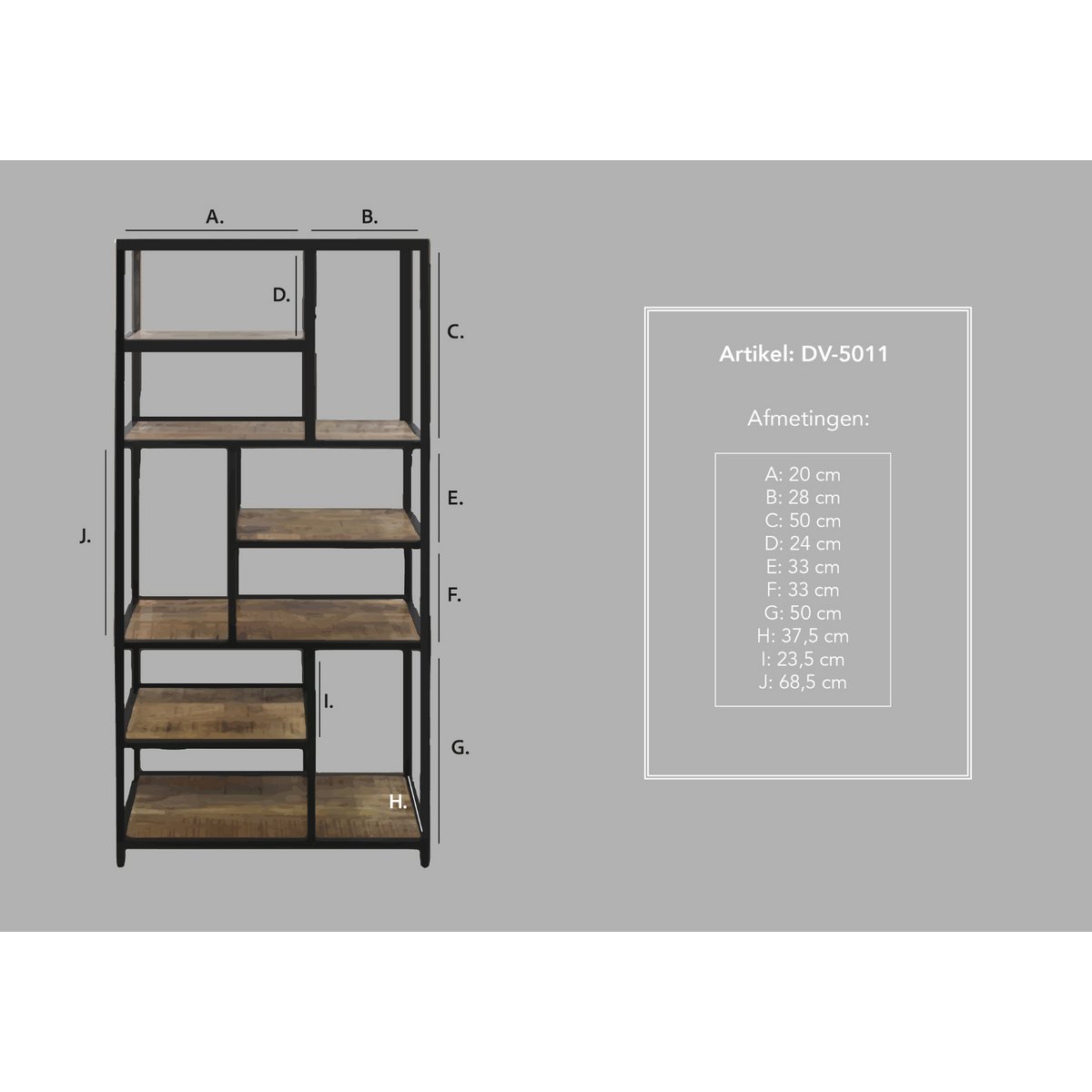 HSM Collection-Open Vakkenkast Levels-80x38x180-Naturel/Zwart-Mango/Metaal