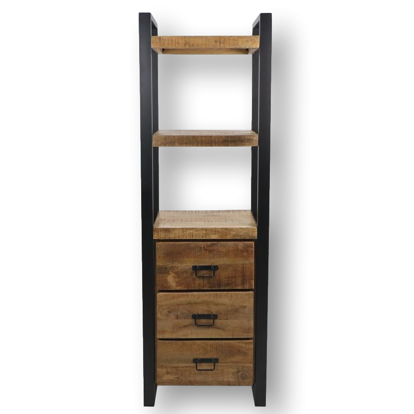 HSM Collection-Boekenkast 3 Lade-55x35x175-Naturel/Zwart-Mango/Metaal