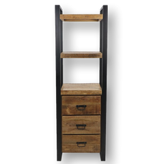 HSM Collection-Boekenkast 3 Lade-55x35x175-Naturel/Zwart-Mango/Metaal