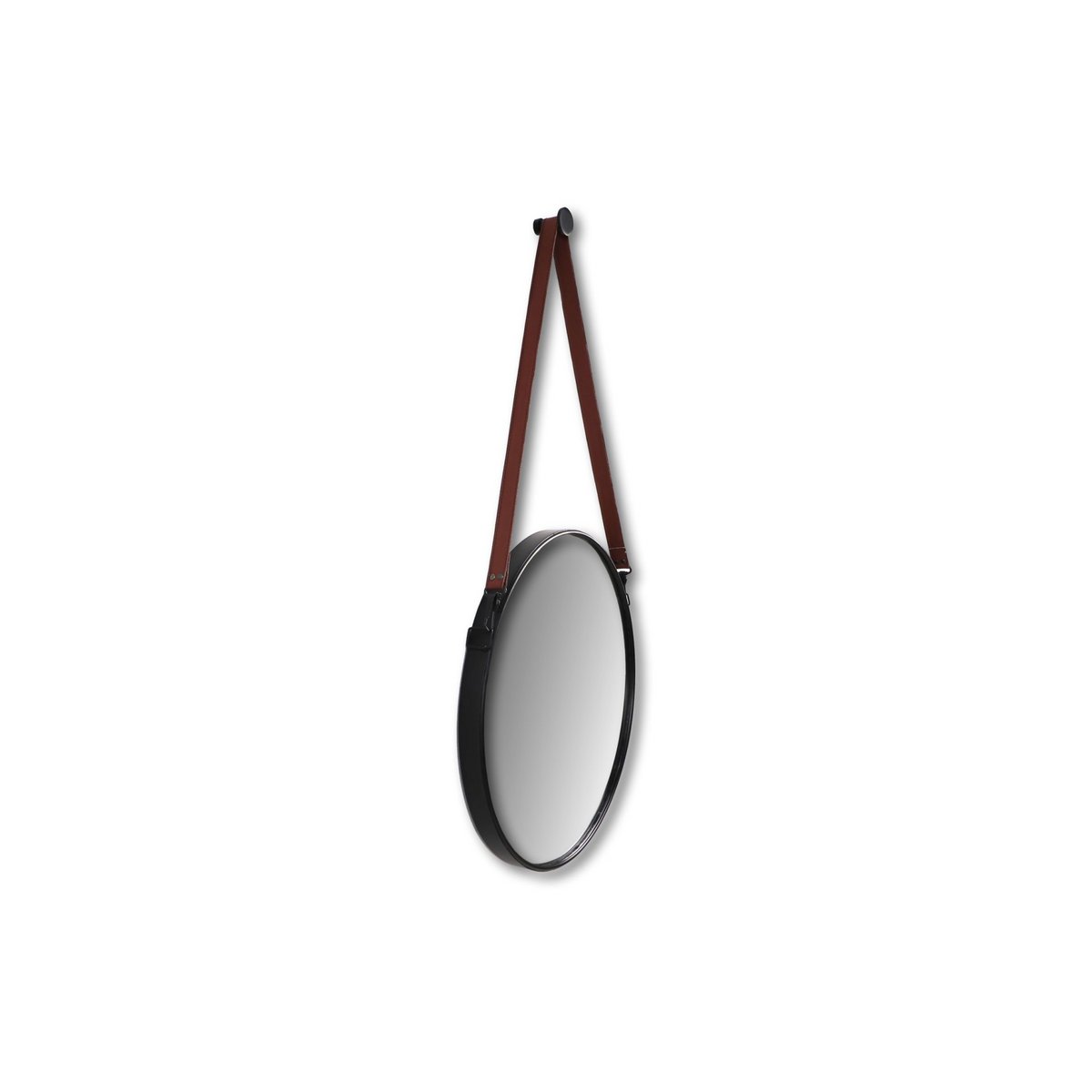 HSM Collection-Ronde Spiegel Met Riem-49x3x68-Zwart/Bruin-Metaal/Kunstleder