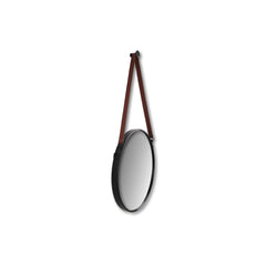 HSM Collection-Ronde Spiegel Met Riem-49x3x68-Zwart/Bruin-Metaal/Kunstleder