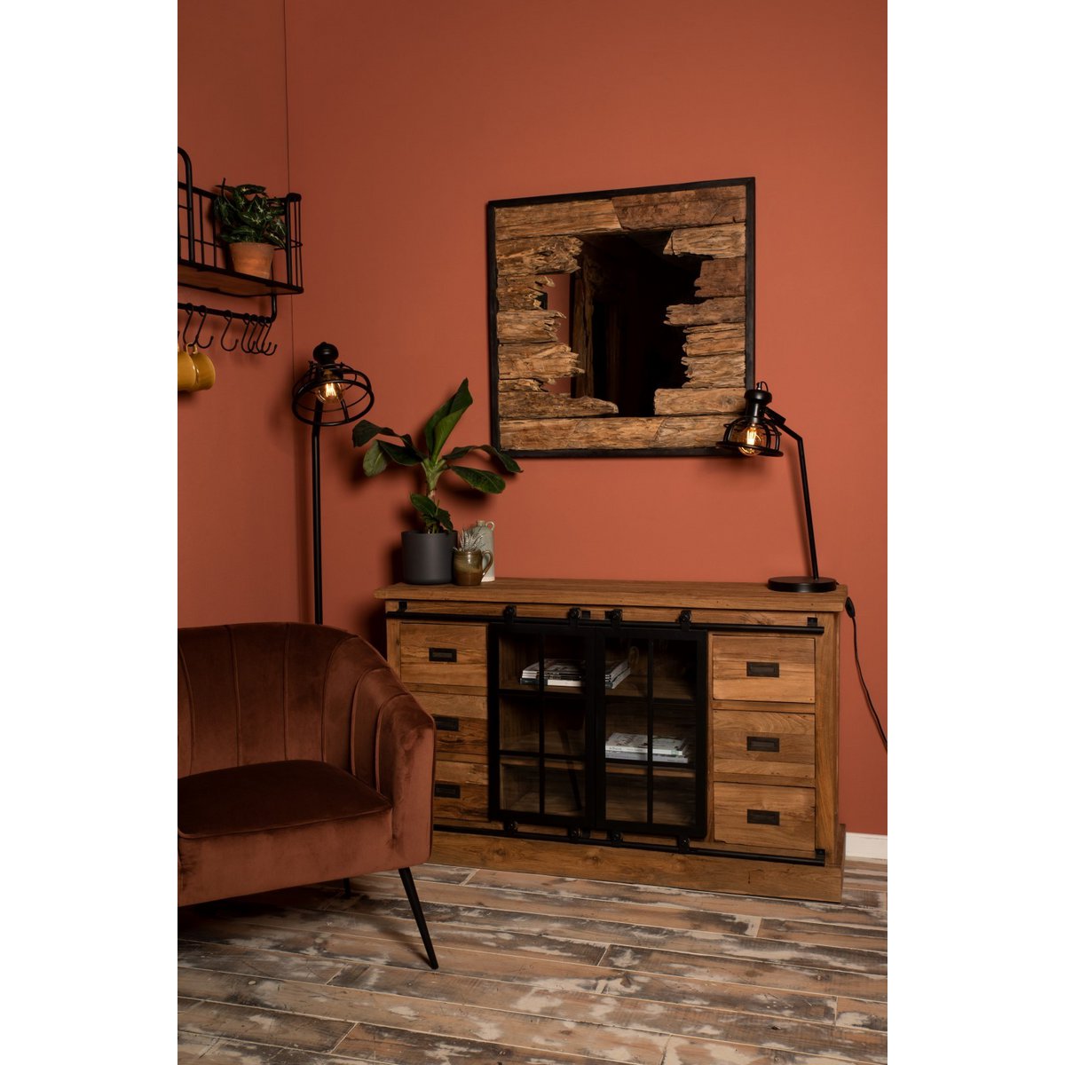 HSM Collection-Vierkante Spiegel-80x5x80-Bruin/Zwart-Teak