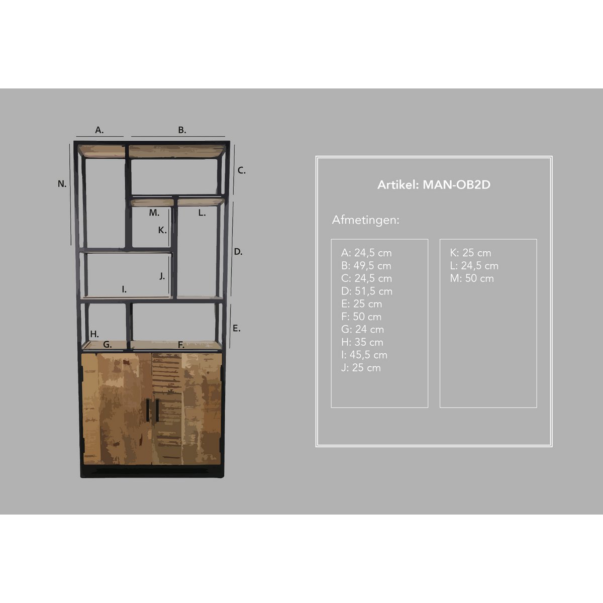 HSM Collection-Wandkast Level 2 Deur-80x35x180-Naturel/Zwart-Mango/Metaal