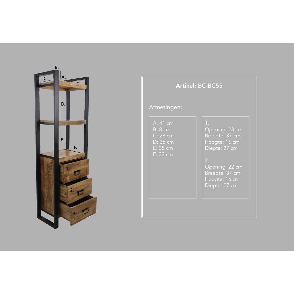HSM Collection-Boekenkast 3 Lade-55x35x175-Naturel/Zwart-Mango/Metaal
