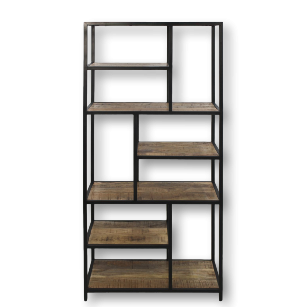HSM Collection-Open Vakkenkast Levels-80x38x180-Naturel/Zwart-Mango/Metaal