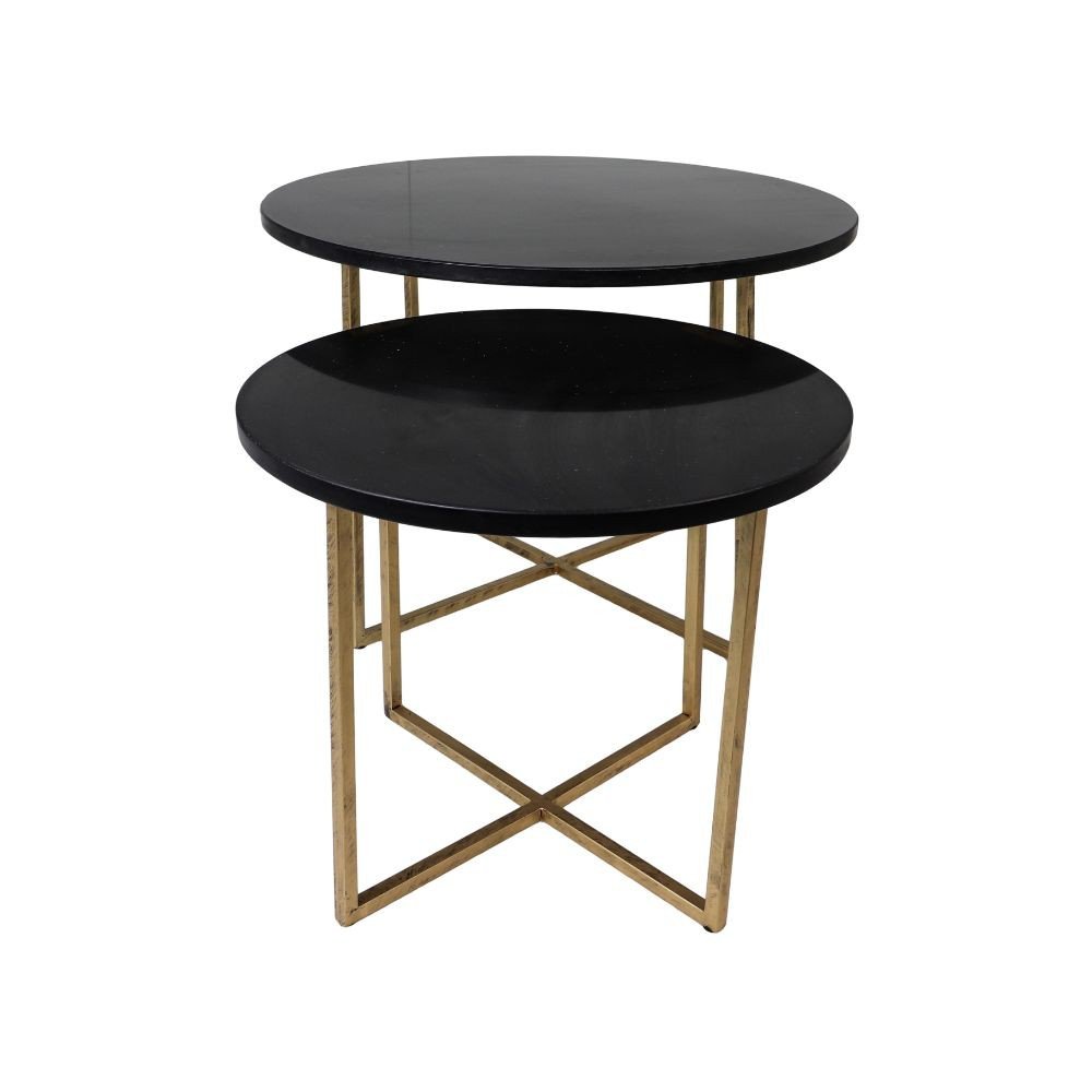 HSM Collection-Ronde Bijzettafel S/2-ø61x45/ø46x39-Zwart/Goud-Marmer/Metaal