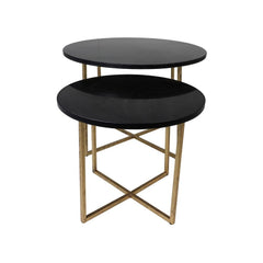 HSM Collection-Ronde Bijzettafel S/2-ø61x45/ø46x39-Zwart/Goud-Marmer/Metaal