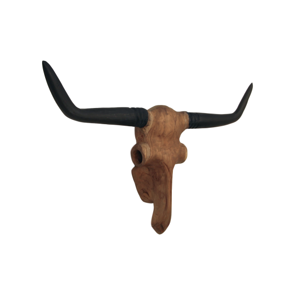 Wanddecoratie buffelkop - Natuurlijke was - Teak
