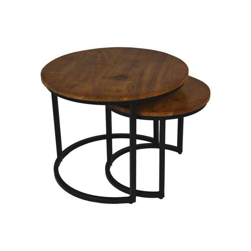 HSM Collection-Ronde Bijzettafel Ronin S/2-ø60x45 / ø45x40-Bruin/Zwart-Mango/Metaal