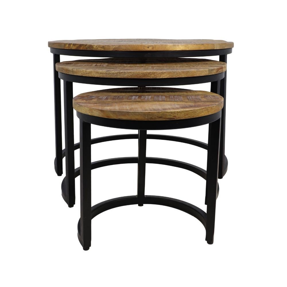 HSM Collection-Ronde Salontafel District S/3-ø67x46 / ø51x40 / ø35x34-Naturel/Zwart-Mango/Metaal